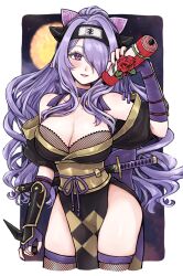 1girls alternate_costume alternate_hairstyle bare_shoulders black_kimono breasts camilla_(fire_emblem) camilla_(ninja)_(fire_emblem) cleavage commentary female female female_only fingerless_gloves fire_emblem fire_emblem_fates fire_emblem_heroes fishnet_thighhighs fishnets gauntlets gloves hair_over_one_eye highres holding holding_scroll holding_weapon japanese_clothes kimono kunai large_breasts long_hair looking_at_viewer misato_hao moon ninja nintendo obi off_shoulder official_alternate_costume official_alternate_hairstyle one_eye_covered pelvic_curtain ponytail purple_eyes purple_gloves purple_hair sash scroll side_slit signature smile solo thighhighs very_long_hair wavy_hair weapon