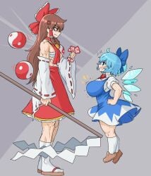 2girls anger_vein angry big_ass big_breasts blue_eyes blue_hair boobs breast_envy breasts brown_hair cirno fairy fairy_wings grey_background grin height_difference huge_breasts jealous light-skinned_female looking_at_another muscular_female muscular_thighs reimu_hakurei sheepapp shortstack shrine_maiden thighs touhou