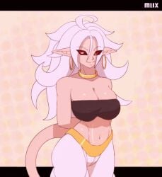 1girls android_21 android_21_(evil) animated arc_system_works baggy_pants big_breasts black_sclera bouncing_breasts breasts clothed clothed_female clothing dragon_ball dragon_ball_fighterz dragon_ball_super dragon_ball_z ear_piercing earrings female jewelry long_hair looking_at_viewer loop looping_animation majin_android_21 mature_female milf mrmlix pink_hair pink_skin pointy_ears red_eyes shounen_jump smile smiling solo solo_female tail tailed_humanoid tubetop villain villainess