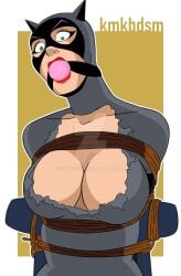 1girls batman:_the_animated_series batman_(series) big_breasts bondage catwoman catwoman_(dcau) cleavage dc dc_comics dcau female female_only kmkbdsm solo tied_to_chair torn_clothing