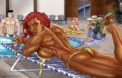 1boy 3girls abs anvil_(grrl_power) ass bathing_suit bikini breasts brown_skin daphne_deshantis davebarrack feet flip_flops gold_eyes grrl_power harem_(grrl_power) harem_1_(grrl_power) looking_at_viewer lotion_bottle muscular muscular_female muscular_male pink_hair pool poolside red_hair sandals sideboob sun_hat sunbathing super_hiro_(grrl_power) sydney_scoville_jr. webcomic