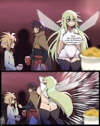 1girls 2boys aloe_(ishuzoku_reviewers) arms_up ass back backboob big_breasts blonde_hair breasts buckyouall busty cigarette english_text fairy fairy_wings female female_focus flashing_breasts front_view g-string hourglass_figure huge_breasts ishuzoku_reviewers iwillbuckyou large_breasts long_hair male pointy_ears rear_view sideboob smoking stunk text thong wide_hips wings zel_(ishuzoku_reviewers)