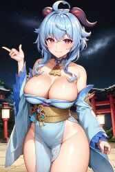 ai_generated bare_shoulders big_breasts blue_hair breasts cleavage collarbone cowbell detached_sleeves gangyu ganyu_(genshin_impact) genshin_impact groin hips horns kimono large_breasts multicolored_eyes night obi outdoors outside pelvic_curtain purple_eyes shrine smile stable_diffusion temple thick_thighs thighs wide_hips yukata