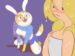 adventure_time ass big_ass big_breasts breasts breasts_out bunny_ears cake_the_cat camcom cat_ears cat_humanoid catgirl embarrassed female fionna_and_cake fionna_the_human_girl flirtation furry furry_breasts furry_female nude_female pose shadow shirt_up shorts tail tight tights water white_hair yellow_hair