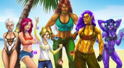 4_arms 6girls abs anvil_(grrl_power) beach bikini blonde_hair breasts brown_skin choker cleavage clothed crop_top dabbler_(grrl_power) female freckles front_view glasses gold_skin grrl_power halo_(grrl_power) harem_(grrl_power) harem_1_(grrl_power) harem_5_(grrl_power) horns maxima_(grrl_power) multi_arm multi_limb multiple_girls muscular muscular_female one-piece_swimsuit outdoors palm_tree pink_hair pointy_ears purple_hair purple_lipstick purple_skin red_hair shadaan shorts sports_bra standing succubus swimsuit sydney_scoville_jr. thigh_gap vulcan_salute webcomic white_hair