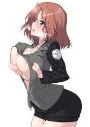 1boy azumi_(girls_und_panzer) blue_eyes blush breast_squeeze breasts breasts_out brown_hair cleavage disembodied_penis female girls_und_panzer huge_breasts kuzuryuu_kennosuke nipples open_jacket open_mouth paizuri penis perpendicular_paizuri selection_university_military_uniform solo_focus sweat