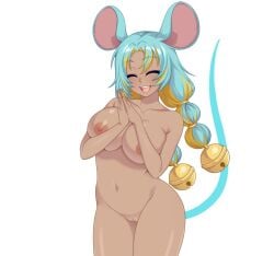 blue_eyes blue_hair breasts brie_(crush_crush) crush_crush mouse_ears nipples pussy sad_panda_studios smile