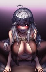 1boy 1girls areolae azur_lane blush breasts cowgirl_position dark-skinned_male dark_skin dunkerque_(azur_lane) eyebrows_visible_through_hair femdom grey_hair hair_ornament heart-shaped_pupils huge_breasts light-skinned_female light_skin looking_at_viewer male_pov nipples passionate penetration pov rasy_(urarasy_hikosi) see-through see-through_clothing sex symbol-shaped_pupils vaginal_penetration vichya_dominion_(azur_lane)