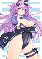 adult_neptune blush breast_squish breasts bunny_ears cleavage crossed_arms d-pad_hair_ornament detached_collar dura front_view leotard light-skinned_female long_hair looking_at_viewer neptunia_(series) open_jacket purple_eyes purple_hair smile smug solo thick_thighs thigh_strap