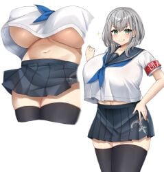 1girls armband big_breasts big_thighs black_stockings blush breasts busty clothed clothed_female clothing female female_only hololive hololive_fantasy hololive_japan huge_breasts large_thighs light-skinned_female light_skin medium_hair navel no_bra sailor_collar sailor_uniform shirogane_noel silver_hair solo stockings thick_thighs thighhighs thighs underboob virtual_youtuber voluptuous zawashi_(zawashio1013)