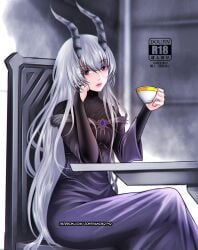 1girls doujinshi female horns jonthan062792 long_dress pale_skin purple_dress seris_vritra sitting tagme tagme_(artist) the_beginning_after_the_end thin_waist white_hair