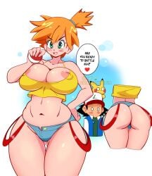 1boy 1girls areolae barely_clothed big_ass big_breasts breasts clothed clothed_female female kasumi_(pokemon) lunaexhabbitix male nintendo nipple_bulge nipple_slip nipples_visible_through_clothing no_bra pikachu pokémon_(species) pokemon red_head satoshi_(pokemon) tagme tight_clothing