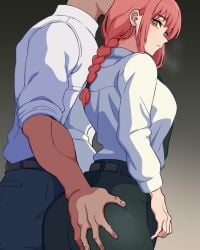 1boy 1girls ass ass_focus ass_grab big_ass big_butt chainsaw_man female grabbing_from_behind groping groping_ass harassment makima_(chainsaw_man) male pants red_hair sexual_harassment unprofessional_behavior