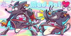 anthro anus balls bulge clothing duo fur genitals grey_body grey_fur grin heart heart_(mad_rat_dead) hi_res jockstrap mad_rat_(mad_rat_dead) mad_rat_dead male mammal murid murine rat rodent salamikii smile underwear