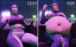 1girls 3d 3d_(artwork) before_and_after belly belly_stuffing big_belly big_breasts blender drink eating food holding_belly k/da_all_out_kai'sa k/da_all_out_series kai'sa league_of_legends nail_polish pizza plaguefatty purple_eyes purple_hair riot_games sitting_down solo_focus stomach_noises thick_thighs tight_clothing