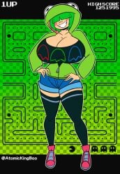 apple_green_clothing atomickingboo big_breasts blue_shorts breasts bust busty chest cleavage curvy cute female footwear frog_costume front_view full_body gameplay_mechanics green_background green_clothing green_hair green_hoodie green_theme grin gritted_teeth hair_over_eyes hands_on_hips happy hoodie hourglass_figure huge_breasts huge_cleavage jean_shorts kermit_the_frog kermit_the_frog_(cosplay) large_breasts legs legwear long_legs long_sleeves medium_hair moni_peiper neon_green non-euclidean_border original_character outline pac-man_(game) pink_footwear pink_sneakers shorts slim slim_waist small_waist smile smiling sneakers solo thigh_socks thighhighs thighs top_heavy white_outline wide_hips zipper