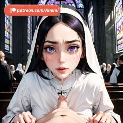 ai_generated anemi black_hair blowjob blowjob_face church crying nun violet_eyes