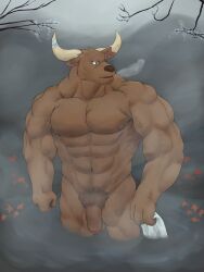 abs anthro balls biceps bl4z3blaze bovid bovine cattle deltoids european_mythology flaccid foreskin fur genitals greek_mythology hi_res horn humanoid_genitalia humanoid_hands humanoid_penis male mammal minotaur muscular muscular_anthro muscular_male mythology nature navel nipples nude outdoor_nudity outside pecs penis quads solo solo_focus triceps