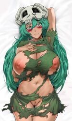 1girls :3 arm_up armpits big_breasts bleach blush breasts busty clothing facepaint female female_only green_hair headwear helmet huge_breasts innie_pussy large_breasts looking_at_viewer lying lying_down lying_on_back nelliel_tu_odelschwanck nipples no_bra one_arm_up oppai pussy revealing_clothes ripped_clothing shirt skull skull_head smile solo sweat t3x torn_clothes upper_body voluptuous