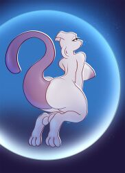 2023 anthro areola ass big_breasts big_butt breasts digital_media_(artwork) female generation_1_pokemon hi_res legendary_pokemon looking_at_viewer looking_back looking_pleasured mewtwo nintendo nipples nude pokemon pokemon_(species) purple_body simple_background sjevi solo tail thick_thighs wide_hips