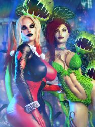 2girls 3d 3d_(artwork) batman:_arkham_knight batman_(series) big_breasts blonde_hair bodysuit busty dc dc_comics eyebrows eyelashes eyes female female_only green-skinned_female green_body green_skin hair harley_quinn harley_quinn_(classic) large_breasts leaf_clothing light-skinned_female light_skin lips makeup multicolored_hair multiple_girls pamela_isley poison_ivy red_hair supervillain supervillainess tattoos twintails villain villainess zulubean