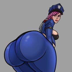 big_ass big_thighs breasts cops_and_robbers_series gassy league_of_legends lolotron6 looking_over_shoulder officer_vi raised_eyebrow suit the_grind_series vi