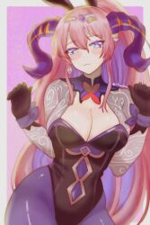 1girls :3 alternate_costume animal_ears bodystocking bodysuit breasts bunny_ears bunnysuit cleavage cleavage_cutout clothing_cutout cosplay cowboy_shot curled_horns fake_animal_ears female female_only fire_emblem fire_emblem_heroes freyja_(fire_emblem) freyja_(fire_emblem)_(cosplay) gloves goat_horns hair_ornament hands_up higher_resolution_available highres horns jewelry large_breasts large_horns long_hair looking_at_viewer mature_female multicolored_hair nerthuz_(fire_emblem) nintendo pantyhose pink_hair playboy_bunny ponytail purple_eyes purple_hair purple_horns rabbit_ears rotomdocs simple_background smile solo two-tone_hair very_long_hair