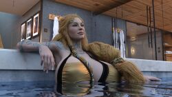 3d big_breasts blonde busty female female_only french_nails god_of_war huge_breasts in_water mother pool sif_(god_of_war) wfnpao