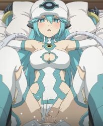 1boy armpits bed_sheet blue_eyes blue_hair breasts censored character_request classroom_for_heroes clothed_sex clothing_aside commentary_request eiyuu_kyoushitsu female hair_between_eyes helmet leg_grab leotard leotard_aside long_hair lying medium_breasts mosaic_censoring on_back penis pillow pov pussy sex tomu_(tomubobu) vaginal_penetration white_headwear white_leotard