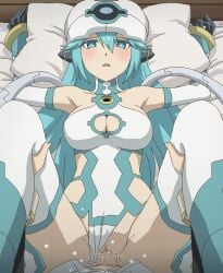 1boy armpits bed_sheet blue_eyes blue_hair breasts censored character_request classroom_for_heroes clothed_sex clothing_aside commentary_request eiyuu_kyoushitsu female hair_between_eyes helmet leg_grab leotard leotard_aside lona long_hair lying medium_breasts mosaic_censoring on_back penis pillow pov pussy sex tomu_(tomubobu) vaginal_penetration white_headwear white_leotard