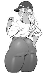 1girls ass baseball_cap big_ass black_and_white bra_strap breasts bubble_ass bubble_butt curvy dark-skinned_female dark_elf dark_skin dat_ass elf elf-san_wa_yaserarenai elf_ears female humanoid kuroeda leggings long_hair pointy_ears ponytail synecdoche thick_thighs watch white_hair wide_hips