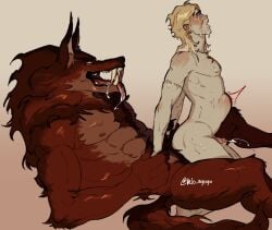 absurd_res anthro blonde_hair bodily_fluids canid canine canis crying cum cumshot drooling duo ejaculation fangs fluffy fur genital_fluids hair hi_res human human_on_anthro interspecies male male/male mammal penetration saliva size_difference smaller_penetrated snout stomach_bulge tears teeth tongue tongue_out velo_agogo wolf