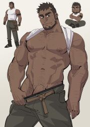 1boy absurdres arm_hair bara bare_pectorals beard brown_hair clothes_lift clothes_pull crossed_arms dark-skinned_male dark_skin deformed facial_hair feet_out_of_frame gage0116 gay highres large_pectorals long_sideburns looking_at_viewer male_focus mature_male multiple_views muscular muscular_male mustache_stubble original pants pants_pull pectorals penis penis_peek potter_(gage) pubic_hair receding_hairline seductive_smile shirt_behind_neck shirt_lift shirt_pulled_behind_neck short_hair sideburns smile sparse_chest_hair sparse_pubic_hair standing strongman_waist thick_eyebrows undercut