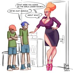 1girls 2boys age_difference big_ass big_breasts exposed_breasts female hoop_earrings hourglass_figure large_breasts lipstick milf orange_hair pink_blue_23 red_hair school simple_background size_difference skirt speech_bubble stiletto_heels student_and_teacher teacher thick_hips thick_lips