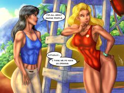 2girls ass athletic athletic_female big_breasts blonde_hair breasts brown-skinned_female brown_body brown_skin cesarbarrerajr clothing dark-skinned_female dark_skin digital_drawing_(artwork) digital_media_(artwork) disney eyebrows eyelashes eyes female female_focus fit fit_female hair hawaiian hips human large_ass large_breasts legs lifeguard lifeguard_(lilo_and_stitch) lifeguard_tower light-skinned_female light_skin lilo_and_stitch lips nani_pelekai one-piece_swimsuit red_swimsuit signature swimsuit swimwear upper_body wristwear