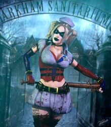 1girls 3d 3d_(artwork) batman:_arkham_asylum batman_(series) big_breasts busty dc dc_comics eye_mask eyebrows eyelashes eyes female female_only hair harley_quinn large_breasts light-skinned_female light_skin lips makeup pigtails solo spiked_bat tattoos villain villainess zulubean