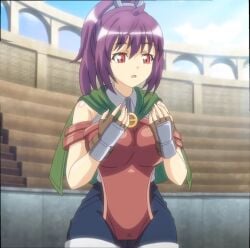 1female 1girls accessory anime_screencap armor background big_breasts breasts cape clothed clothed_female female female_only goblin_no_suana hair_accessory majin_(company) purple_hair red_eyes screenshot