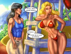 2girls ass athletic athletic_female big_breasts bikini blonde_hair breasts brown-skinned_female brown_body brown_skin cesarbarrerajr clothing dark-skinned_female dark_skin dialogue digital_drawing_(artwork) digital_media_(artwork) disney english_text eyebrows eyelashes eyes female female_focus fit fit_female hair hawaiian hips human large_ass large_breasts legs lifeguard lifeguard_(lilo_and_stitch) lifeguard_tower light-skinned_female light_skin lilo_and_stitch lips nani_pelekai public red_bikini signature speech_bubble sportswear wristwear