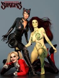 3d 3d_(artwork) 3girls artist_signature batman:_arkham_knight batman_(series) big_breasts blonde_hair blue_eyes bodysuit busty catwoman catwoman_(arkham) catwoman_(arkham_knight) curvaceous curvy curvy_figure dc dc_comics eyebrows eyelashes eyes female female_only gotham_city_sirens green-skinned_female green_body green_eyes green_skin hair harley_quinn harley_quinn_(classic) high_heel_boots high_heels hips hourglass_figure legs light-skinned_female light_skin lips long_hair makeup multiple_girls pamela_isley pigtails poison_ivy red_hair selina_kyle slim_waist supervillain supervillainess villain villainess waist zulubean