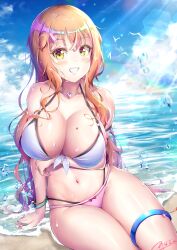 1girls arm_under_breasts artist_signature beach beauty_mark belly_button big_breasts bird birds blonde_hair blue_bracelet blue_sky blush bracelet breasts cloud clouds female female_only ginger_hair hair_ornament hairpin happy heart heart_necklace highres leglet light-skinned_female light_skin long_hair looking_at_viewer mole mole_on_breast natsusora_aona navel necklace nobady open_mouth outdoors panty_ribbon pink_panties ribbon ribbon_on_panties ring sand sandy_beach simple_bird sitting sky smile solo sun_glare sunburst tagme thick_thighs thighlet thighs water water_drop water_droplets wet wet_body white_bra yellow_bracelet yellow_eyes