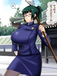 1boy 1girls breasts glasses green_eyes green_hair huge_breasts japanese_text jujutsu_kaisen konnandaakke large_breasts long_skirt looking_at_viewer ponytail pov school_uniform short_hair skirt stockings translated weapon zenin_maki