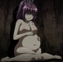 1female 1girls big_breasts breasts female female_only goblin_no_suana hand_on_belly hopeless human_mother_baby_monster interspecies_pregnancy majin_(company) majin_label nipples nude nude_female pregnant pregnant_female purple_hair rape_pregnancy red_eyes scared screenshot stitched