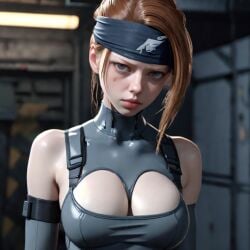 1girls ai_generated armwear asymmetrical_hair bandana breasts brown_hair celebrity cleavage clothing clothing_cutout cosplay costume eyebrows female female_only grey_bandanna grey_eyes konami leaning light-skinned_female light_skin lips looking_at_viewer metal_gear metal_gear_solid mia_goth pale-skinned_female pale_skin serious serious_look sleeveless solid_snake solo solo_female