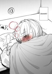 blush blush_lines english english_text fan_(f.w.zholic) original original_character short_hair text white_bear_(oc) woken_up