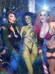 3d 3d_(artwork) 3girls artist_signature baseball_bat batman:_arkham_knight batman_(series) big_breasts blonde_hair blue_eyes bodysuit busty catwoman catwoman_(arkham) catwoman_(arkham_knight) cleavage curvaceous curvy curvy_figure dc dc_comics dyed_hair eyebrows eyelashes eyes female female_only fishnet_stockings fishnet_topwear fishnets gotham_city_sirens green-skinned_female green_body green_eyes green_skin hair harley_quinn hips hourglass_figure light-skinned_female light_skin lips makeup multiple_girls pamela_isley poison_ivy rain red_hair selina_kyle short_shorts slim_waist stockings supervillain supervillainess thighs twintails villain villainess waist zulubean