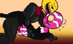 anal_sex crimson_penis donut donut_dothat_(original_character) food_creature friday_night_funkin gay legs_around_waist legs_up lemon_demon lemon_demon_(friday_night_funkin) lemon_monster making_love missionary_position monster_(friday_night_funkin) original_character pink_skin pinwheelstar_(artist) white_stripes