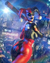 1girls 3d 3d_(artwork) ass baseball_bat batman:_arkham_knight batman_(series) big_breasts bodysuit curvaceous curvy curvy_figure dc dc_comics eyes female female_only harley_quinn harley_quinn_(classic) hips hourglass_figure light-skinned_female light_skin lips looking_at_viewer looking_back makeup rain rear_view solo villain villainess zulubean