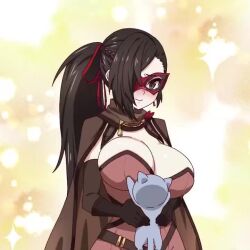 1girls alternate_costume animal animated blush bodysuit bouncing_breasts breast_grab breasts brown_eyes brown_hair cat cleavage commission double_breast_grab female female_only fire_emblem fire_emblem_fates fire_emblem_heroes gloves groping hair_over_one_eye holding holding_animal holding_cat jewelry kagero_(fire_emblem) kagero_(thief)_(fire_emblem) large_breasts leather_belt long_hair mask mature_female nintendo official_alternate_costume oppaihobby ponytail simple_background skin_tight smile thief upper_body video