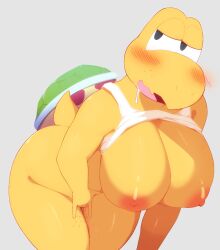 1girls anthro areola big_breasts blush bodily_fluids breasts female female_only genital_fluids green_koopa_troopa hi_res koopa koopa_troopa looking_at_viewer mario_(series) masturbation nintendo nipples pussy_juice scalie simple_background solo tagme thick_thighs umisag85rabb99 yellow_body