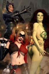 3d 3girls ass batman:_arkham_knight batman_(series) big_breasts blue_eyes bodysuit busty catwoman catwoman_(arkham) catwoman_(arkham_knight) curvaceous curvy curvy_figure dc dc_comics dyed_hair eye_mask eyebrows eyelashes eyes female female_only gotham_city_sirens green-skinned_female green_body green_eyes green_skin hair harley_quinn hourglass_figure light-skinned_female light_skin lips makeup multicolored_hair multiple_girls navel pamela_isley pigtails poison_ivy selina_kyle slim_waist supervillain supervillainess thighs villain villainess visible_nipples waist wide_hips zulubean